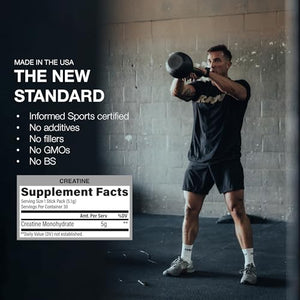 RAW Creatine Monohydrate To-Go Stick Packs – Unflavoured 30 Sticks 5g Per Serving