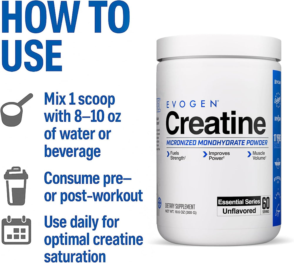 Evogen Premium Micronised Creatine Monohydrate Powder Unflavoured 300g 60 Servings