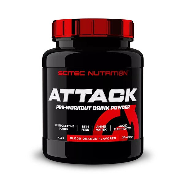 SCITEC ATTACK Stimulant-Free Pre-Workout Power – Tropical Fruit 416g 32 Servings