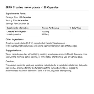 6PAK Nutrition Pure Creatine Monohydrate 144g 120 Capsules