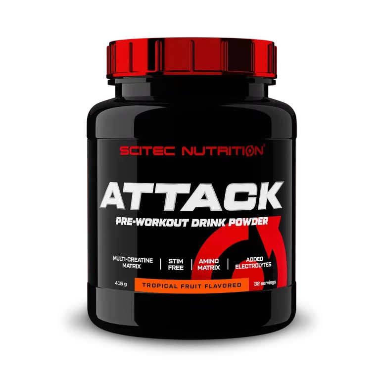 SCITEC ATTACK Stimulant-Free Pre-Workout Power – Tropical Fruit 416g 32 Servings